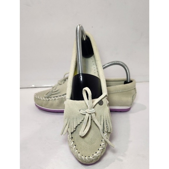 Minnetonka Womens Kilty Plus Moccasin Sz 8 Green‎ Purple Suede Flat Slip On Shoe - Picture 1 of 10